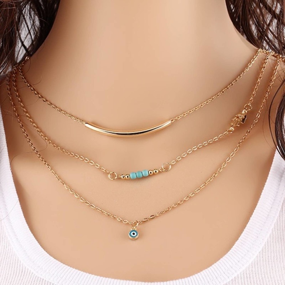 Three-Layered Fashion Blue Pendent Gold Chains